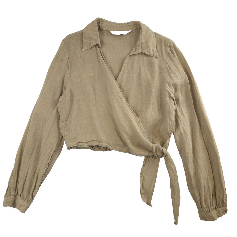Zara Linen Cropped Longsleeve Wrap Shirt M Beige Boho Cottagecore Safari